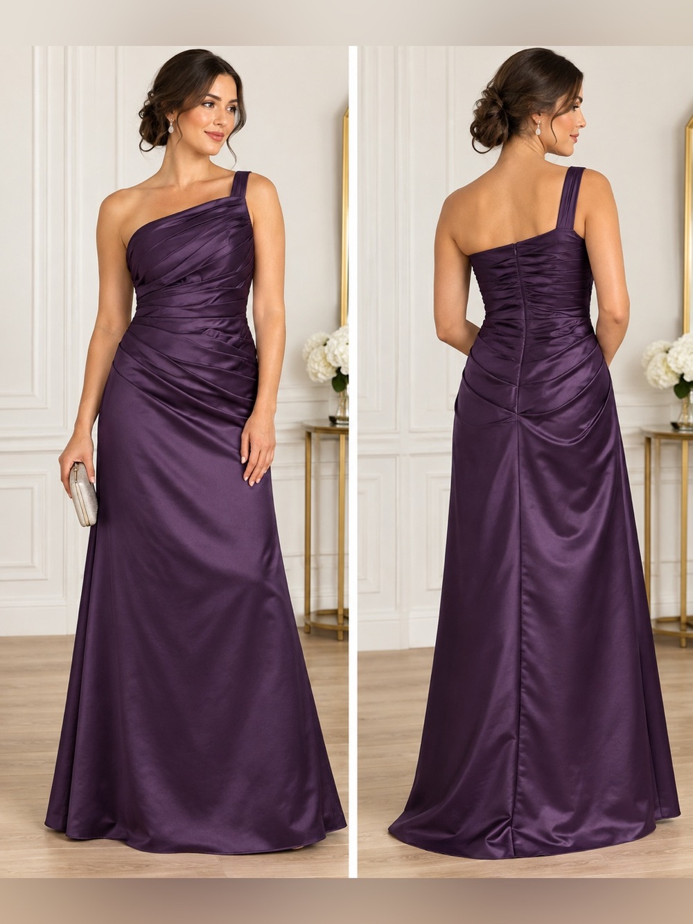Bill Levkoff Plum Purple One Shoulder Ruched Satin Bridesmaid Gown Size 8